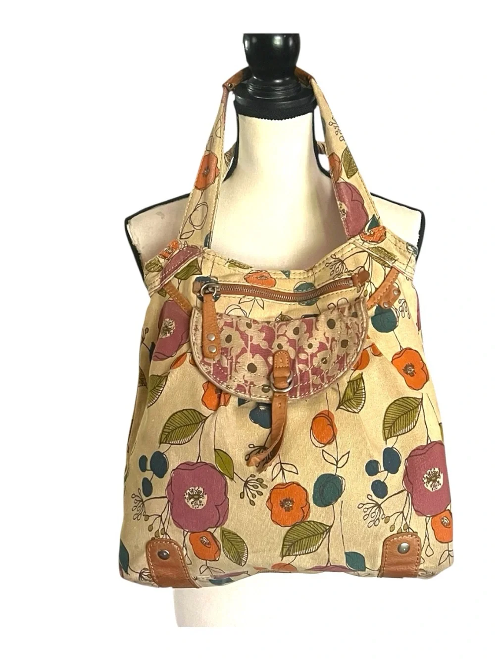 Vintage Fossil Key-Per Floral Canvas Hobo Shoulder Bag with leather accents.